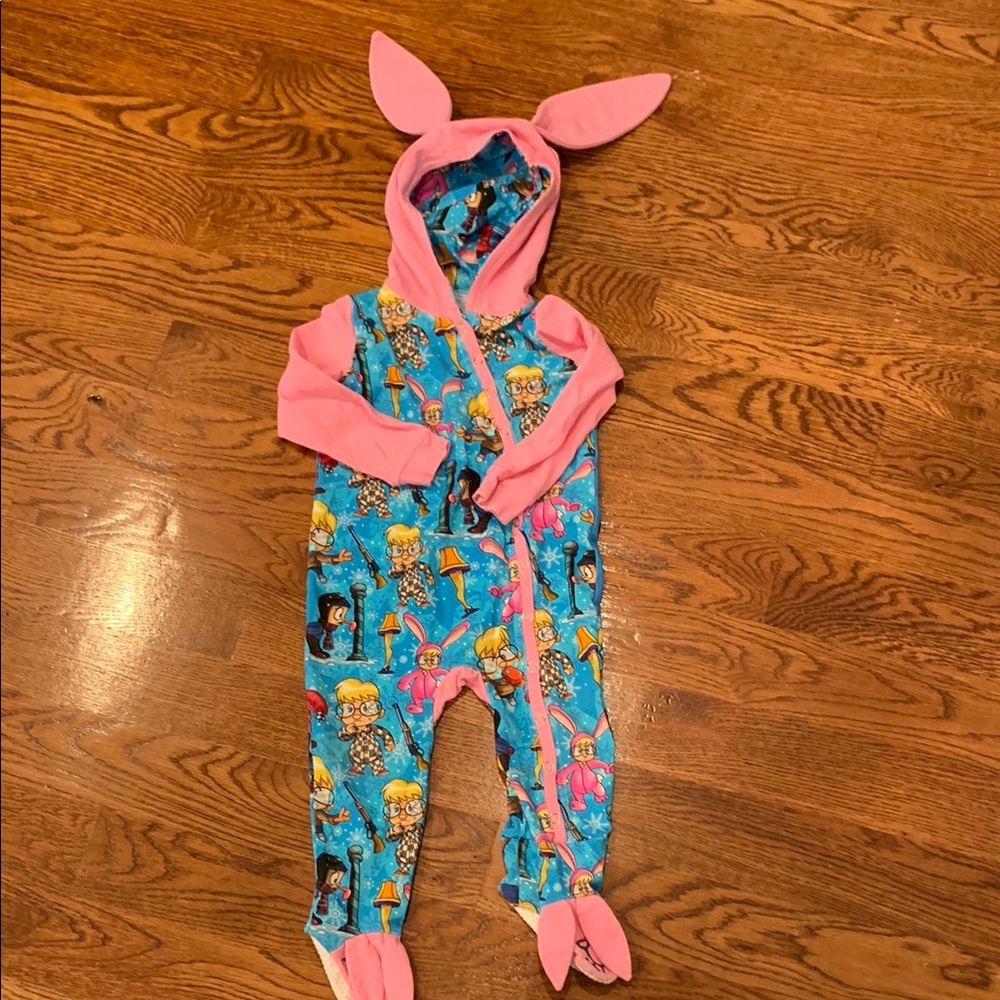 A Christmas Story Vibrant Pink and Blue Kids Footie with Fun Cartoon Print